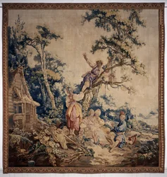 Het buitenbanket, gordijn Russische spelen, detail van de tent en personages