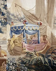 Het buitenbanket, gordijn Russische spelen, detail van de tent en personages