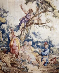 Het buitenbanket, gordijn Russische spelen, detail van de tent en personages