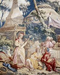 Het buitenbanket, gordijn Russische spelen, detail van de tent en personages