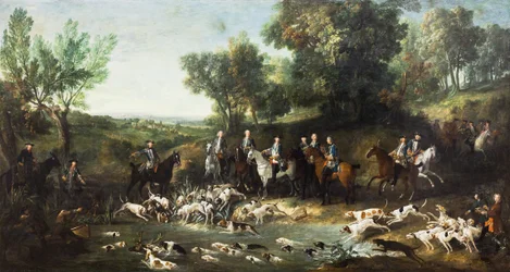 Lodewijk XV op hertenjacht in het bos van Saint-Germain,1730 (olieverf op doek)