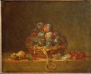 Een mand met pruimen, noten, krenten en kersen (schilderij op doek)