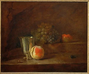 Een zilveren bokaal, druiven, een appel (schilderij op doek)