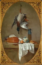 Canard moDuck opgehangen aan een poot, taart, schaal en pot met olijven (schilderij op canvas)