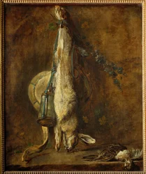 Dode haas, wildzak en kruitfles (schilderij op doek)