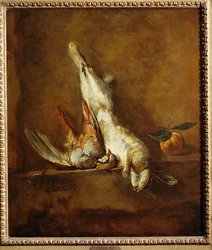 Dode haas met rode patrijs (schilderij op doek)