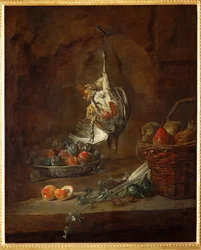 Dode patrijs opgehangen aan één poot, schaal met pruimen en een mand met peren (schilderij op doek)