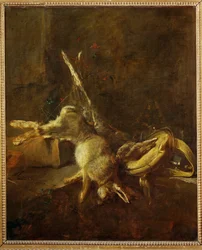 Twee hazen, een jachttas en kruitfles (schilderij op doek)