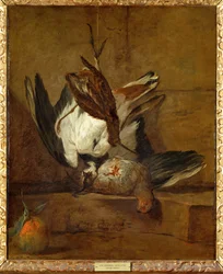 Vanneau huppe, perdrix grise, becasse et bigarde - huppoe, patrijs (schilderij op doek)