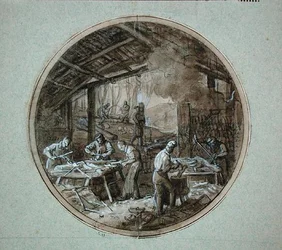 De Klompenmakerswerkplaats, plaatontwerp voor een servies dat verschillende ambachten uitbeeldt, c.1820-35