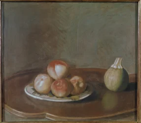 Stilleven met perziken en pompoen