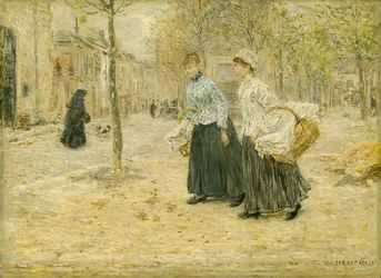 Twee wasvrouwen steken een klein park over in Parijs, ca. 1890