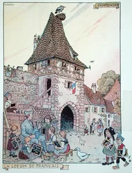 Een Franse soldaat die Frans leert aan Elzasser kinderen die weer Franse burgers zijn geworden, illustratie uit 