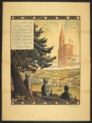 Een poster met drie Franse soldaten die naar een allegorische kerk in de verte kijken, in de wolken verlicht door licht. Een klein vers van Victor Hugo in de linkerbovenhoek (poster)