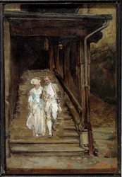 De houten trap van de kathedraal van Lausanne of De filosoof Jean Jacques Rousseau en Madame de Warens