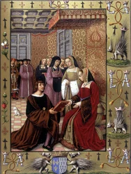 Jean Marot biedt zijn boek, Le Voyage de Genes, aan koningin Anne van Bretagne aan (naar een verluchting door Jean Bourdichon, circa 1508)