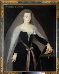 Portret van Agnes Sorel, favoriet van koning Karel VII. Haar borst is ontbloot. Schilderij naar Jean Fouquet, 16e eeuw, Château royal de Loches