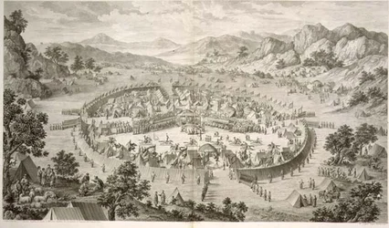Tchao-Hoei Bezig met Oefeningen en Militaire Spelen in 1758, plaat 5 uit een serie prenten die de veroveringen van Qianlong, de Keizer van China, voorstellen, gegraveerd door Pierre Philippe Choffard, 1772