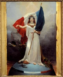 Symbolische figuur van de Republiek. Allegorie die de republiek voorstelt als een vrouw met een lauwerkrans, symbool van vrede, die een weegschaal, symbool van gerechtigheid, en de driekleurige vlag vasthoudt. Onder haar voet bevinden zich de kroon van de