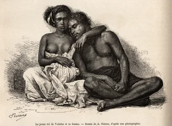 De jonge koning van Vaitatu, op het eiland Tauata, in de archipel van de Marquesaseilanden, omarmd door zijn vrouw, gegraveerd naar een tekening van A.Rixens ter illustratie van de herinneringen aan de Stille Oceaan, 1872-1874, door A.Pailhes, een scheepsa