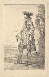 Man die loopt en een stok in zijn rechterhand draagt, getoond in driekwart zicht, ca. 1710