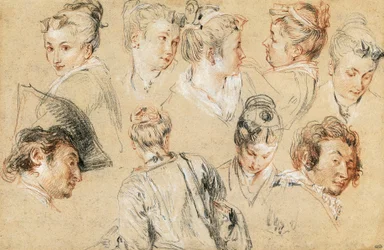 Studie van hoofden, door Jean-Antoine Watteau, tekening