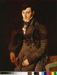Portret van Jean Pierre François Gilibert. Onvoltooid schilderij dat een jeugdvriend van de schilder afbeeldt aan wie hij veel brieven schreef. Schilderij door Jean Auguste Dominique Ingres
