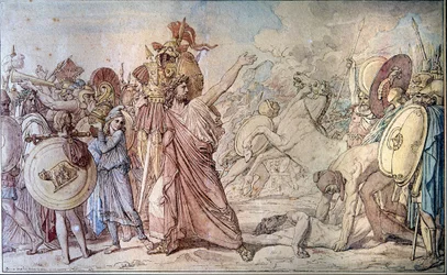 Romulus brengt de wapens van Acron die hij zojuist heeft verslagen naar de Tempel van Jupiter (Zeus) - Schilderij door Jean Auguste Dominique Ingres (1780 - 1867) - Parijs, Ecole des Beaux Arts
