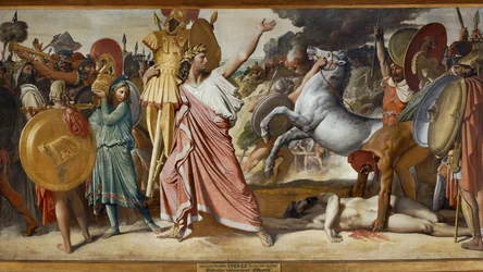 Romulus, zegevierend over Acron, draagt Acrons lichaam naar de tempel van Jupiter (schilderij op doek)