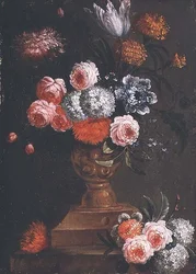 Tulpen, Goudsbloemen, Sneeuwballen, Vergeet-mij-nietjes, Rozen en andere Bloemen in een Urn