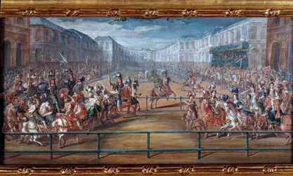 Het pompeuze carrousel van de galante amazones van de vier delen van de wereld gegeven door Lodewijk XIV voor de Tuilerieën op 5 juni