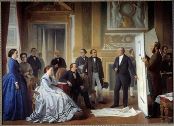 De architect Louis Visconti presenteert aan Napoleon III het plan van het nieuwe Louvre
