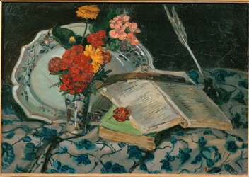Stilleven: bloemen, aardewerk, boeken (schilderij op doek)