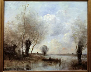 Vissen in een boot bij de wilgen, schilderij van Camille Corot (1796-1875), 19e eeuw, Reims, Musée des Beaux-Arts