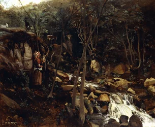 Lormes - Een beek met een staande boer die wol spint, 1842