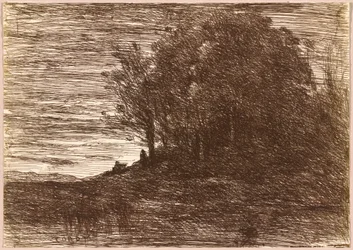 Het bos van de kluizenaar of de oevers van het meer van Trasimène,1858 (tekening)