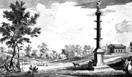 Een Uitzicht vanaf het Monument van Kapitein Grenville naar de Griekse Tempel, Stowe House Gardens, gegraveerd door George Bickham, 1753