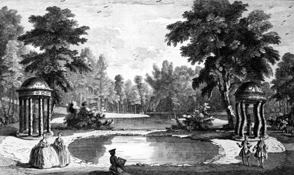 Een uitzicht op de grot en twee schelpentempels, Stowe House Gardens, gegraveerd door George Bickham, 1753