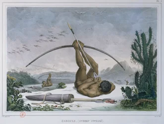 Cabocle Indiaan die vogels jaagt met een boog en pijl, uit Voyage Pittoresque et Historique au Bresil, gepubliceerd in 1839