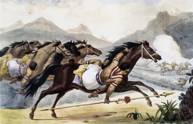 Guaycuru-indianen te paard, uit "Schilderachtige en historische reis naar Brazilië", Brazilië