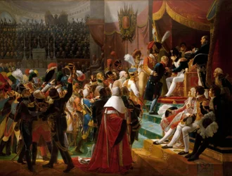 Eerste uitreiking van eretekens Legioen in de kerk van Invalides, 14 juli 1804