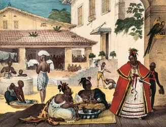 Guaraní-vrouwen, interieur van een zigeunerhuis, Brazilië