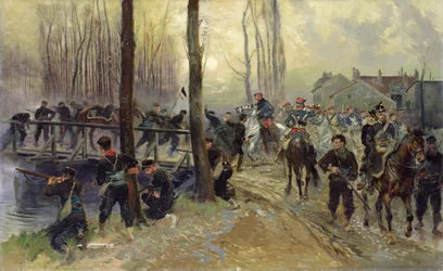 Hinderlaag bij een brug verdedigd door troepen, vroege ochtend, 1870