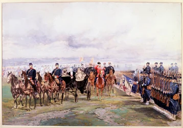 Tsaar Nicolaas inspecteert de troepen met Felix Faure in Chalon-sur-Marne tijdens zijn bezoek aan Frankrijk, 9 oktober