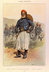 Typen en uniformen van het Franse leger van Kapitein Jules Richard, geïllustreerd door Edouard Detaille (1848-1912): Inheemse Officier van Algerijnse Tuniors in Veldkleding in 1886, Privécollectie