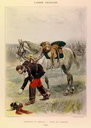 Typen en uniformen van het Franse leger van kapitein Jules Richard, geïllustreerd door Edouard Detaille: Trompetter van de Draken in velduniform in 1885, privécollectie
