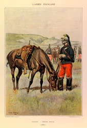 Typen en uniformen van het Franse leger van Kapitein Jules Richard, geïllustreerd door Edouard Detaille: Dragon in kleine outfit in 1885, Privécollectie