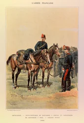 Typen en uniformen van het Franse leger van Kapitein Jules Richard, geïllustreerd door Edouard Detaille (1848-1912): Artillerie: Onderofficieren van batterijen te paard en kanonniers van batterij te voet in grote kledij in 1886, Privécollectie