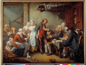 Het dorpsakkoord. De vader van de bruid geeft de bruidsschat aan zijn schoonzoon