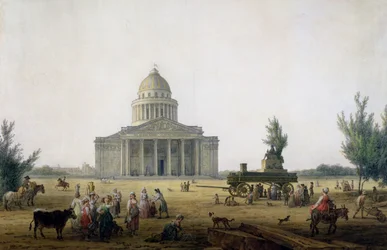 Uitzicht op het Pantheon in Parijs met een koets die een standbeeld van Jean-Jacques Rousseau draagt, ca. 1792